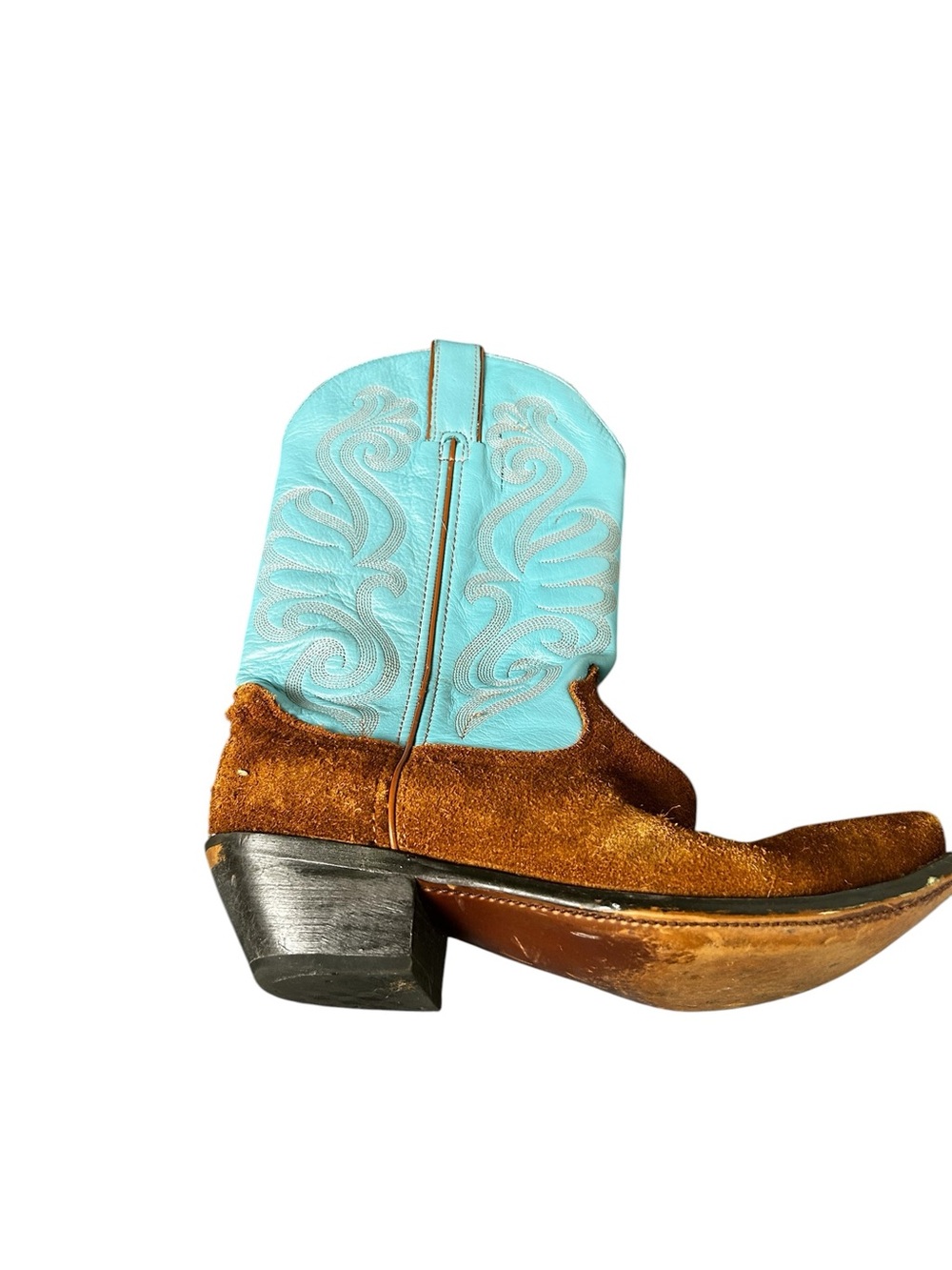 Durango Western Cowboy Boots with Turquoise Shaft and Brown Suede Foot - Picture 3 of 6